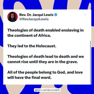 Jacqui Lewis Instagram - Love WILL have the final word. But we need to make sure that theologies of death are crucified. We need to lift theologies of LOVE. That is how we partner with God. 

❤️✊🏾

#LovePeriod #FierceLove #GodIsLove #ProgressiveChristianity #RevDrJacquiLewis #BlackWomen