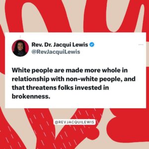 Jacqui Lewis Instagram - Loving the comments on this on tweet. Accepting and celebrating all people brings a richness to the world that white-supremacy cannot abide by because it demands that only “whiteness” is worthiness. In the end white supremacy robs us all of a vibrant and colorful world with endless possibilities. 

#GodIsLove #GrownUpGod #BlackAllWays #AllWaysBlack #StayWoke