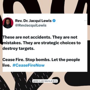 Jacqui Lewis Instagram - We see what is happening.
We will not be silent.
We will not be complicit.
Israel’s government  is willing to kill aid workers to ENSURE that they can kill Palestinians. Where is the value for any human life? 
People of  morals- let us be moved by our collective conscience to speak up.💔✊🏾

#GodIsLove #ProgressiveChristianity #FierceLove #LovePeriod