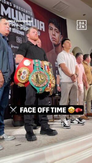 Jaime Munguia Instagram - Canelo and his belts face off against Munguía 😯

Watch #CaneloMunguia LIVE on DAZN, May 4 🔥
