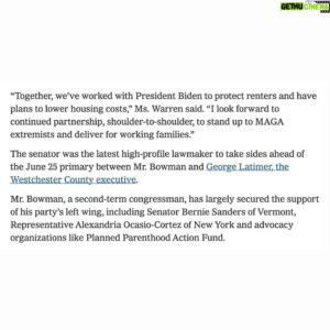 Jamaal Bowman Instagram - Honored to be endorsed by my friend @elizabethwarren!

From climate justice to tax equity and tenant rights, you have been a leader for working people in Massachusetts and across the country. Proud to have your support and work alongside you as we build a world that works for us all!