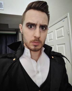 James A. Janisse Instagram - Headed to the #labyrinthmasquerade with makeup done by @carebecc! Can't wait - we went in 2017 and had a great time, and it'll be great to return in all our feathery splendor.