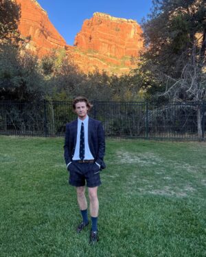 James Ford Instagram - Took the School Boy Suit™️on a road trip to Sedona for my friends wedding!👽 (ft. a pool, a puppy, and the groom’s aunt asking if I’m Scottish and wearing a kilt!)