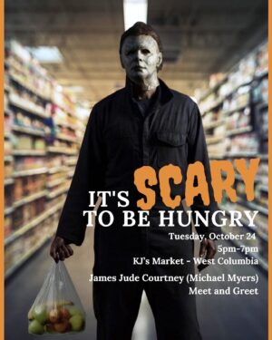 James Jude Courtney Instagram - Very excited to be partnering with @harvesthopefb again this year to help fight hunger in South Carolina 🔪 On the 24th October I’ll be doing a meet and greet at KJ’s market (2349 Augusta Road, West Columbia, SC) from 5:30pm-7pm. Please bring non perishable food items such as canned fruits and veg, canned proteins, Mac and cheese, peanut butter etc!

Last year was absolutely incredible thanks to all of YOU and we collected over 1,200 lbs of food! Let’s beat that this year and have a great and gruesome time 🔪 🔪 🔪