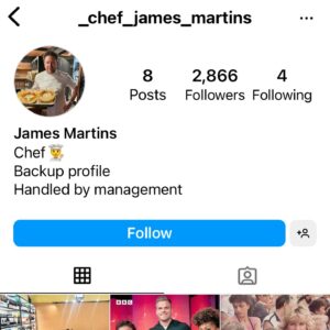 James Martin Instagram - 🚨 FAKES AND SCAMMERS…please read…

I want to say a few important words about scammers….My team and I are seeing increasing numbers of fake ‘James Martin’ accounts, web pages and alleged management/PR Manager accounts. 

My team is blocking and reporting multiple accounts across social media daily. Many have been closed. However, new ones pop up all the time. They scrape images and content from my official accounts, in many cases, in an attempt to look legitimate. The accounts and pages shown here are just a small selection of what we have seen and reported lately. 

As I have posted before…neither my management team or me will ever ask you to follow a ‘private fans page’, target you with requests via comments you leave on posts, ask you to transfer money, send personal information or buy vouchers etc. 

I do not endorse the product shown in the pics here and I do not have a Telegram account or a ‘private fans page’. 

Please only follow my official accounts. My meta accounts have blue ticks and you can check links to all my official accounts via the social media links shown at the bottom of my website. 

Please report and block any accounts or pages with suspicious posts, comments or direct messaging activity. Above all, stay safe and please do not give personal information to accounts like these.