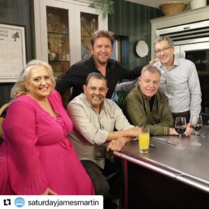 James Martin Instagram - This was a great episode to film! Hope you can watch tomorrow!

#Repost @saturdayjamesmartin・・・
Tomorrow at 9.30am on @itv @jamesmartinchef serves up a fry up with waffles and a classic coq au vin for @madnessband frontman @suggsofficial, while there are recipes from chefs @galmichedaniel and @cyrustodi, and @the_yorkshire_forager will be sharing more top foraging tips!