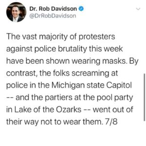 James Scully Instagram - This has been on my mind a lot lately as people are already beginning to get sick. In an ideal world of course people would not need to be out in the streets literally FIGHTING for their lives and rights during a pandemic, but this is not an ideal world. Black populations were already facing a disproportionate level of Covid deaths due to long standing social and economic inequities, but how can we expect them to NOT react to the racist violence that is prevalent in every part of America. This country and its deeply problematic financial priorities have put these people between a rock and a hard place and I’m proud of and inspired by the people who have not let that deter them. There are resources for donating to Covid relief in the link in my bio, but many of the bail and BLM organizations I’ve already advertised are using their money to try and help people who may get sick by keeping them supported and out of jail. Give if you can. #blacklivesmatter