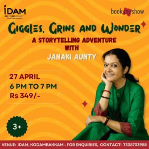 Janaki Sabesh Instagram - Giggles, Grins, and Wonder: A Storytelling Adventure with Janaki Aunty @maajanaki

Join us on a journey where every tale has the potential to spark change, evoke emotion, and leave a lasting impact.

Let's weave stories together for kids & families and create moments that resonate long after the last word is spoken. 

Ticket available in Bookmyshow🎟️

For Enquiries, Contact 7338733988

#Storytelling #Inspiration #connection #kids #parent
#summarholidays #summer #happy #stories #Idam #idamthespace