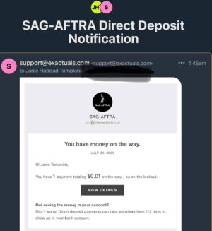 Janie Haddad Tompkins Instagram - Good morning! Woke up to a residual notification!! A PENNY FOR YOUR STRIKE?  One day longer, one day stronger. 
#WGAstrong #DoTheWriteThing #WGAstrike
#SagAftraMember #1u 
#SAGAFTRAstrong #SAGAFTRAstrike #Power2Performers
#HotLaborSummer