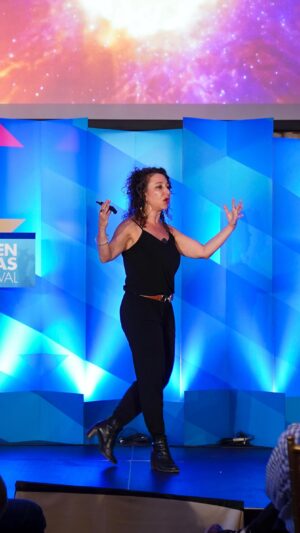 Janna Levin Instagram - Why should we care about a black hole 55 million light years away, or the origin of the universe, or dark matter? Astrophysicist @jannalevin explains what they can teach us about coming together to solve humanity’s most dire crises. 

🪐Watch her full session at the link in bio.