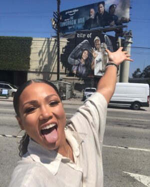 Jasmine Mathews Instagram - Let me just say that God is an on time delivering, generous, will give you better than you could have ever imagined if you stay faithful to the vision and hold it in your imagination with certainty and clarity kind of God. 

Cause it’s my face on a whole ass billboard for me! Alongside two of the most talented actors in the game, right above two beautiful angels, Mother Africa shining, carrying the ancestors and the birth place, the Source of huemanity right along with me. It’s the representation. It’s the dream coming true, it’s the promises delivered for me. Just. Wow. 

Anywho @thetomorrowwar is streaming NOW on #AmazonPrimeVideo. Watch it. Love it. Tell your friends about it. Watch it again. 

And lastly, thank you to all of #TheTomorrowWar fans, the love and support you all are showing is amazing and every single one of you is very much appreciated!

 🤗💜