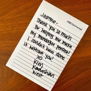 Jasmine Pierce Instagram - I produced @kimkardashian’s monologue this week (a bunch of geniuses wrote it) with @mikedicenzo’s help and I couldn’t be more proud of how it turned out! It was an honor to teach her how to hold for laugh.
Also wrote People’s Kourt with @heidilgardner & @chloeiscrazy and the endless support of @alisonagates & @streeterseidell. 
I can’t thank everyone enough, our super hot cast, @krisjenner, @khloekardashian, @iamhalsey, @melissavcomedy, our crazy talented design departments and crew, and most of all Kim Kardashian who made this maybe my best work week so far. 
1 - She left this for me on Friday before we even rehearsed it. Truly the kindest host. 
2 - @mikeyfuntime said he would pay me $1,000 to write this in and still hasn’t paid. 
3 - Our spectacular set dept took my stage direction of “pinks and nudes a la KKW” and made it a reality. 
4 - Hotties. 
5 - Heidi finding out what it really means to be KKW. 
6 - @alex3nglish I believe is technically on cast now. 
7 - @meganfox 
8 - “(PETE AND CHLOE LICK TONGUES)”
9 - Amazing new writer @nnessleigh at her first after party and somehow it’s this one. 
10 - My favorite person on earth, AfterPunkie. @punkiejohnson when the Kardashians ask you to turn up the volume on their party, you do it. 

So lucky to be able to utilize every single skill I have in one amazing day. 

#KKWonSNL #KKwonSNL