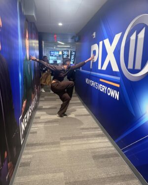 Jason A. Rodriguez Instagram - Thanks for having me! @pix11news 
Outfit @luar 
PR @bcwglobal 
See y’all in class Friday 😎