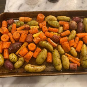 Jason Priestley Instagram - Day 300? Of captivity... found these two #waygu New York Steaks in the freezer... carrots and fingerling potatoes on one sheet pan- broccoli on the other... make a fire... grill steaks... @naydoggy cut one in half at the pass so the final plating was kind of ugly... I’m out of practice...