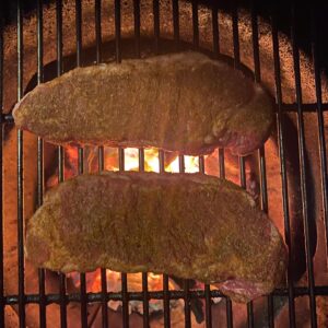 Jason Priestley Instagram - Day 300? Of captivity... found these two #waygu New York Steaks in the freezer... carrots and fingerling potatoes on one sheet pan- broccoli on the other... make a fire... grill steaks... @naydoggy cut one in half at the pass so the final plating was kind of ugly... I’m out of practice...