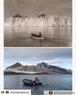 Javier Bardem Instagram - Repost from @carlosbardemoficial Gracias a @christianaslund, un fotógrafo excepcional que conocimos a bordo del #arcticsunrise, por esta preocupante comparativa.
.

El #cambioclimático y el #calentamientoglobal son una realidad, #ártico y #antártida son los #termostatos del #planeta y lo sufren de manera visible. . ¡¡Hay que actuar!! Apoya la creación del #santuarioantártico, firma por él en Greenpeace.es o en protecttheantarctic.org
. ¡Este #2018 hagamos historia!
#Repost @christianaslund with @get_repost
・・・
The top of the world is melting and again record levels for minimum sea ice in the Arctic has been recorded. This year is the lowest ever since the measurements started and the rising air temperatures are heating up the glaciers to melt even more.

Glacier comparison image from the Kongsfjord area of Spitsbergen, Svalbard. 1928 to 2002. The glacier Blomstrandbreen on Svalbard in the high Arctic has retreated nearly 2 km since 1928, with an accelerated rate of 35 metres lost per year since 1960 and even higher in the past decade. Both of the images were taken during the summer season. 
B/w image courtesy of Norwegian Polar Institute from year 1928.
Colour image Christian Aslund/Greenpeace, year 2002.

#climatechange #glacier #svalbard #greenpeace #arctic #climate