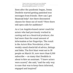 Jenna Doolittle Instagram - ✨Speechless. Wow. ✨
I never imagined I’d be featured in the @nytimes next to the likes of Andrew Lloyd Weber, The Black Theater Coalition & other inspiring artists & advocates. I just can’t quite believe this is real... 

Thank you all for your support. There were so many people who stepped up & did so much for actors this year. I’ll share more on those folks soon! 

I’m very grateful to be recognized in this way, but there is more work to do. Coming for you 2021! 🥰❤️✨ Full article link in my bio & link to subscribe. #actorsrise #actorsrisetogether #actorslife