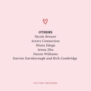 Jenna Doolittle Instagram - ✨2020 was a terrible year in so many ways. Our industry has struggled, but some industry members really stepped up and made actors feel seen, supported and loved. 

The following list was compiled by actors in the Actors Rise FB group as well as a few additions from me. 

To those on this list, 
Thank you. Thank you. Thank you. 

You made all the difference. ❤️

***Of course this is not a full list of everyone who supported actors so please tag someone below who you’d like to thank & follow these people and support them as they have certainly supported us! 

Here’s to an incredible 2021! 🎉🥂

#gratitude #thankyou