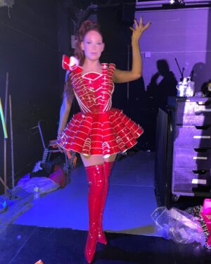 Jenni Thomasson Instagram - We’re not just saying gay this week in Florida, we’re SCREAMING it 💋! Excited for a great week of shows,  seeing friends, and hopefully riding a rollercoaster or 2! Huge thank you to @marcosquared for my very own iconic cup dress! I love wearing this every night . #todrickhall #femulineworldtour #marcomarco #beerpongbutmakeitfashón