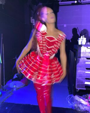 Jenni Thomasson Instagram - We’re not just saying gay this week in Florida, we’re SCREAMING it 💋! Excited for a great week of shows,  seeing friends, and hopefully riding a rollercoaster or 2! Huge thank you to @marcosquared for my very own iconic cup dress! I love wearing this every night . #todrickhall #femulineworldtour #marcomarco #beerpongbutmakeitfashón