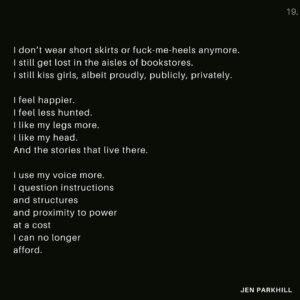Jennifer Parkhill Instagram - Part 3/3
I was an art-hungry kid spending my days in the aisles of the Samuel French bookstore on Sunset with my nose deep in Shanley, Rebeck, Lorca, Williams, Chekhov. And between that auditions, including the one where the woman waiting ahead of me to go into the casting office whispered into her phone, “I’m just gonna book this job,” then proceeded to slide her underwear off from beneath her skirt, wink at me while dropping them into her purse, and let out false moans of pleasure within moments of closing the casting office door behind her. 
.
.
My nights consisted of acting classes, waiting on tables, and reluctantly using fake ID’s to get into clubs where I could bump elbows with industry people, pass them my business card, and politely assuage their advances. 
.
.
I rented every movie Meryl Streep had ever done and wrote essays about them for my own pleasure. Just to quench a thirst, a need to be studious, or perhaps simply to consider myself something more than a pig on a spit for consumption. Anything to keep the flame of my intelligence, my love of stories, burning. 
.
.

Photographer: @rebeccathered 
Director: Sean Salcido
HMU: @mylanmedrano 
.
.
.
#queerwriter #queer #genderfluid #writersofinstagram #poets #wordpornoftheday #queerpoet #queerwriter #lesbian #queerpoetry #queerqritersofig #jenparkhill #actor #queeractor #actresses #actorslife