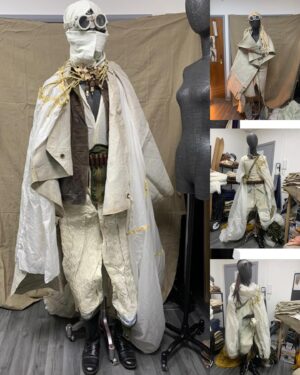 Jenny Beavan Instagram - ‘Finding Dementus’
Furiosa’s Dementus was not an easy character to get a grip on, ie to understand where he came from and what formed him ... I found inspiration in despots, ‘gurus’ and showmen - with elements of all appearing in the final costume.

His costumes were born in our tiny studio in Peckham, using motorbike gear, parachutes and of course a teddy bear! We tried all sorts of paint techniques, dye for the parachute, as well as various draping looks - well aware this could be a nightmare on a motorbike …!
Later in Australia we were able to fit Chris Hemsworth and refine the whole look to suit everyone’s vision, with the final costume being a collaborative exercise as it should be on any film. 

So here are some photos of the ideas on the stands, figuring it all out with Lauren Reyhani and Stephen Miles, fitting and working with Dan Blacklock, Chris’s Key Costumer in Sydney, before shooting in Broken Hill. 
It was a journey, but a wonderful journey to make with Chris and George.

@madmaxsaga 
@chrishemsworth 
@lauren_reyhani_costume 
@danblacklock08 
@jasinboland