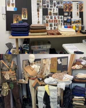 Jenny Beavan Instagram - Now that the dust/sand! has settled and I can think a little straighter about the extraordinary experience that was Furiosa ... I thought it would be fun to show off a little of the process starting in London, in my home which turned itself into a studio.

We couldn’t go to Australia due to Covid and quarantine restrictions so started the process of designing and making costumes in my sitting room and garden! Eventually moving into a tiny local studio after meeting the post-apocalyptic nightmares in the kitchen became a bit much at breakfast!

We worked via Zoom and FaceTime with George and with our Sydney workshop set up by Mel Dykes which, although not ideal, meant we had good communication despite occasionally having to be compos mentis at 4am to join in with production meetings on Australian time. This experience has made me SO appreciate being on site to work with the crew in person, but is a very useful tool to add into the arsenal of what it takes to be a costume designer.

@lauren_reyhani_costume 
@madmaxsaga