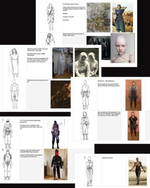 Jenny Beavan Instagram - And now our leading character - Furiosa. Also a voyage of discovery starting with the child in the ‘Green Place’ and ending as the look of Charlize Theron in Fury Road.

Producer Doug Mitchell called me in April 2021 when I was working in Prague - they wanted costumes for principal characters in a stunt sequence for Furiosa, which I had no idea was in the works! They needed to get a sequence in the can by June in order to benefit from a tax break from the NSW (Australian) government. So Lauren and I started doing collages and thinking through the various looks Furiosa would need in her progress through the story.

Moving back to London we started to put together found clothing and accessories to see what would work and communicate the look to our team in Australia. As I mentioned before, we had to do this via cyber space as we couldn’t get to Australia until the following January due to strict Covid quarantine in Sydney. But with a superb team there and some wonderful makers in London we managed to get an enormous amount of work done before we could set off. So exciting when Lauren and I finally got to our workshop in Chullora and started work with that extraordinary team of craftspeople .. and find Furiosa for real!

So here she is from collage to final look via various trial runs at the various jobs she gets to do and her disguises …  

@madmaxsaga 
@anyataylorjoy 
@lauren_reyhani_costume 
@jasinboland