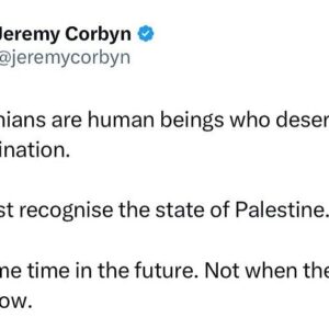 Jeremy Corbyn Instagram - Palestinians are human beings who deserve self-determination. 

We must recognise the state of Palestine. 

Not some time in the future. Not when the time is right. Now.