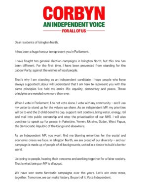 Jeremy Corbyn Instagram - Vote independent in Islington North on July 4th.