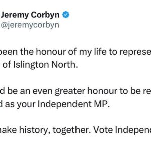 Jeremy Corbyn Instagram - It has been the honour of my life to represent the people of Islington North. 

It would be an even greater honour to be re-elected as your Independent MP. 

Let’s make history, together. Vote Independent.