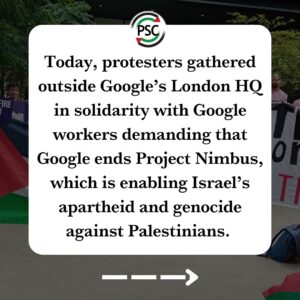 Jeremy Corbyn Instagram - Today, protesters gathered outside Google’s London HQ in solidarity with Google workers demanding that Google ends Project Nimbus, which is enabling Israel’s apartheid and genocide against Palestinians.

Across the world, Google and Amazon workers are rising up, demanding their labour isn’t used to build technology used to support oppression.

Follow @notechforapartheiduk for updates on the campaign and help support it by demanding Google #DropNimbus

#FreePalestine #CeasefireNOW