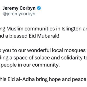 Jeremy Corbyn Instagram - Wishing Muslim communities in Islington and beyond a blessed Eid Mubarak! 

Thank you to our wonderful local mosques for providing a space of solace and solidarity to so many people in our community.

May this Eid al-Adha bring hope and peace to all.