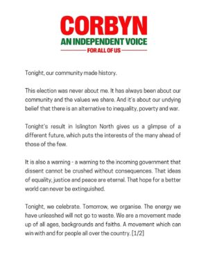 Jeremy Corbyn Instagram - Tonight, we made history.

This is just the beginning.