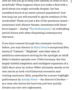 Jeremy Piven Instagram - Long journey its been… How much of yourself  will you compromise to be successful? That’s one of the many questions that we explore in The Performance. Thanks @variety  for showing up and reviewing our film. When my mother handed me this short story a decade ago I had hoped for this moment. So much to tell you guys about this journey. Thank you