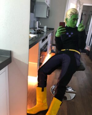 Jesse Rath Instagram - It was a long time coming, but we finally got there. So glad we got to see “classic/Earnest Brainy” one more time before the show wrapped up and so happy that we got to see him in green. Loved his suit, which if you notice has elements of both Brainy Prime’s “tower look” and his super suit! All topped off with the iconic yellow belt and boots. @cayleymua & @tammythefox killed it as always with the green makeup and I asked @cherrymakeupandhair for a blood red hair elastic to pay homage to the OG Brainiac’s red head lights. 
@supergirlcw 

#supergirl #brainy #brainiac #cw #wb #brainiac5 #legionofsuperheroes #dc #arrowverse #longlivethelegion #dceu #warnerbros #superfriends