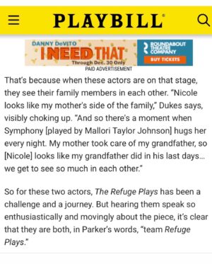 Jessica Frances Dukes Instagram - “Before every show, Parker and Dukes apply their old-age make-up together, and it’s allowed them to create a bond that extends to their onstage characters. “We both get in there early and we're putting our lines on and literally drawing in our age on our face and our hands,” says Dukes.

Then Parker chimes in, “There’s a reverence there too. Women, we're not allowed to age and everybody's freaking out if you have a smile line, or whatever. But there's so much love and reverence in this transformation for both of us.”
@dieptimes @playbill #Playbill #TheRefugePlays #NicoleAriParker #JessicaFrancesDukes #TeamRefuge 
You have three weeks to catch us!#roundabouttheatrecompany #newyorktheatreworkshop #laurapelstheatre