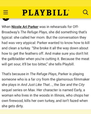 Jessica Frances Dukes Instagram - “Before every show, Parker and Dukes apply their old-age make-up together, and it’s allowed them to create a bond that extends to their onstage characters. “We both get in there early and we're putting our lines on and literally drawing in our age on our face and our hands,” says Dukes.

Then Parker chimes in, “There’s a reverence there too. Women, we're not allowed to age and everybody's freaking out if you have a smile line, or whatever. But there's so much love and reverence in this transformation for both of us.”
@dieptimes @playbill #Playbill #TheRefugePlays #NicoleAriParker #JessicaFrancesDukes #TeamRefuge 
You have three weeks to catch us!#roundabouttheatrecompany #newyorktheatreworkshop #laurapelstheatre