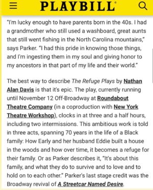 Jessica Frances Dukes Instagram - “Before every show, Parker and Dukes apply their old-age make-up together, and it’s allowed them to create a bond that extends to their onstage characters. “We both get in there early and we're putting our lines on and literally drawing in our age on our face and our hands,” says Dukes.

Then Parker chimes in, “There’s a reverence there too. Women, we're not allowed to age and everybody's freaking out if you have a smile line, or whatever. But there's so much love and reverence in this transformation for both of us.”
@dieptimes @playbill #Playbill #TheRefugePlays #NicoleAriParker #JessicaFrancesDukes #TeamRefuge 
You have three weeks to catch us!#roundabouttheatrecompany #newyorktheatreworkshop #laurapelstheatre