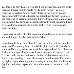 Jessica Frances Dukes Instagram - #NationalCrownDay was July 3rd so here is my #testimony. “#THISISMYHAIR”. Yes this is all #myhair. No you don’t see my hair much in my work because it’s rare that it’s “right for the role” (which I can see changing on certain shows and films), or there aren’t proper people onstaff or #onset to handle my #naturalhair (which I can also see changing on certain shows and films). It’s amazing to me when I watch shows that have #hairdepartments well versed in #naturalblackstyles and how amazing the black women look. It’s so refreshing and gives me hope. 

(Swipe to read my full testimony... We still have work to do….

To #mysisters with the Natural Manes: Who is doing your #haironset? Comment below, tag them below, follow these women and men and support them 

I’ll start by shouting out @kicknitwitcoco 

The #hairdepartment head of Ozark season 4 hired her because she was a #specialist in #multipletextures of #hair but especially my natural hair. My hair flourished for a year under her hands because she not only made beautiful wigs and was an expert in flawless and natural #wigplacement #lacefronts. She took care of my hair underneath.

#BlackHair #Onset #NaturalHairHealth #ProtectMyCrown #HairStyles #Hairtexture #CrownProud #PassTheCrown #CrownDay #Blackhaironset #MyNaturalHair #Mane #blackwomen 

Photographer @lelunddurond 🖤🖤🖤🖤
Hair @jtouch 
Makeup @savvystarbeauty 
#JessicaFrancesDukes