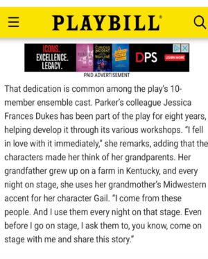 Jessica Frances Dukes Instagram - “Before every show, Parker and Dukes apply their old-age make-up together, and it’s allowed them to create a bond that extends to their onstage characters. “We both get in there early and we're putting our lines on and literally drawing in our age on our face and our hands,” says Dukes.

Then Parker chimes in, “There’s a reverence there too. Women, we're not allowed to age and everybody's freaking out if you have a smile line, or whatever. But there's so much love and reverence in this transformation for both of us.”
@dieptimes @playbill #Playbill #TheRefugePlays #NicoleAriParker #JessicaFrancesDukes #TeamRefuge 
You have three weeks to catch us!#roundabouttheatrecompany #newyorktheatreworkshop #laurapelstheatre