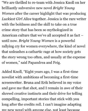 Jessica Knoll Instagram - Bright Young Women is coming to your screens—so happy the band is back together 🥹 @madeupstories @picturestart