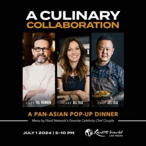 Jet Tila Instagram - It’s a #vegan culinary collaboration unlike anything before!🥢 Join us at @CrossroadsKitchen on July 1, 2024 at @ResortsWorldLV for a Pan-Asian 6-course meal expertly curated by Chef Tal Ronnen and beloved celebrity chef couple, @JetTila and @AliTila. 

Elevate your dining experience to new heights & book your reservations today! 🌱

Pan Asian Pop Up Dinner 6 Course Menu
1st Course: Mesclun Greens & Oroblanco (GF)
2nd Course: Tom Kha Gai (GF)
3rd Course: Maki Sushi Roll (GFO)
4th Course: Dim Sum
5th Course: Drunken Noodles(GFO)
6th Course: Green Matcha Sponge Cake