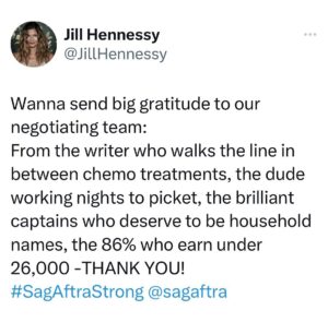 Jill Hennessy Instagram - Godspeed to you all & thank you. We got your backs. @ezraknight @duncanci @officialfrandrescher @lindapnyc @jackmulcahythe3rd @avis.boone @rebeccadamon #sagaftrastrike #sagaftrastrong @sagaftra @wgaeast @wgastrikeunite #sagaftra #sagaftrastrongchallenge @strike_captain_sue @realmichellehurd ❤️🙏🏽