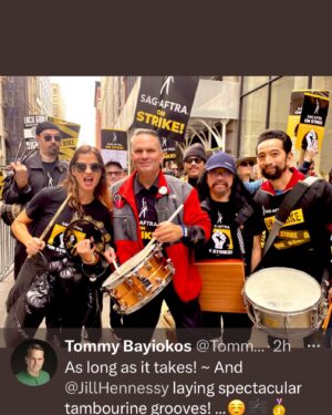 Jill Hennessy Instagram - Band is on FIRE!!! Playing for a #faircontract & sending strength to the @sagaftra negotiating team. #sagaftra #sagaftrastrike #solidarities @tommy.bayiokos @chrismichaelson_ @junsuenaganyc @richievdang & Barry @rebeccadamon @ezraknight @duncanci @lindapnyc @samantham01 @merrittweaver9 👍🏽🙏🏽