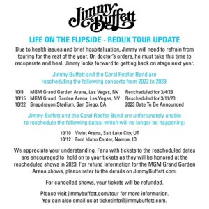 Jimmy Buffett Instagram - Important Tour Update - visit link in bio for more information