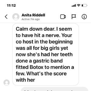 Jo Cooke Instagram - I’m all for listening to peoples opinions and I’m a great believer in “Freedom of speech” BUT…… wtaf ?  WRONG & RUDE !! There is such an easy solution to this - turn your bloody TV over lady - job done !! #rude #wrong #getalife #manners #curvybridesboutique #embraceyourself #alcohol #getagrip