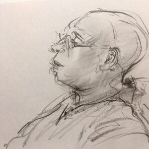 Joanna Quinn Instagram - Some various jazz drawings from the Royal Welsh College of Music and Drama @rwcmd and a very dark basement club in Prague @umalehoglena - drawing in the dark! 

The pics….
1. Lovely Pete transfixed by the students last night
2. A sublime @josephvanparys playing his guitar
3. Yet another engrossed Pete (an American one) 
4. American drummer Jesse Simpson plays the small but great @umalehoglena jazz club in Prague. Drawn in the dark! 
5. @cameron_saint_ plays his bass in disguise. I recognised him under the shades. 
6. Another Jesse Simpson drawing he was soooo good. @umalehoglena 
7. Lovely Bert who is a dancer - cheekbones to die for. ❤️
8. Mr @charlie.herbert playing his electric organ. 
9. The supremely talented composer/harpist & singer @anna_drewniok singing Polish jazz. Stunning performance.
10. @famu_prague_official Animation student and talented guitarist @janpiskac_ entertains us all on the banks of Queen Animator Michaela Pavlatova’s very own lake at her house! Czechs are so cool. 

#sketching #jazz #sketchbook #drawing #czechanimation #ilovedrawing #amserjazztime