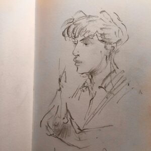 Joanna Quinn Instagram - Some various jazz drawings from the Royal Welsh College of Music and Drama @rwcmd and a very dark basement club in Prague @umalehoglena - drawing in the dark! 

The pics….
1. Lovely Pete transfixed by the students last night
2. A sublime @josephvanparys playing his guitar
3. Yet another engrossed Pete (an American one) 
4. American drummer Jesse Simpson plays the small but great @umalehoglena jazz club in Prague. Drawn in the dark! 
5. @cameron_saint_ plays his bass in disguise. I recognised him under the shades. 
6. Another Jesse Simpson drawing he was soooo good. @umalehoglena 
7. Lovely Bert who is a dancer - cheekbones to die for. ❤️
8. Mr @charlie.herbert playing his electric organ. 
9. The supremely talented composer/harpist & singer @anna_drewniok singing Polish jazz. Stunning performance.
10. @famu_prague_official Animation student and talented guitarist @janpiskac_ entertains us all on the banks of Queen Animator Michaela Pavlatova’s very own lake at her house! Czechs are so cool. 

#sketching #jazz #sketchbook #drawing #czechanimation #ilovedrawing #amserjazztime