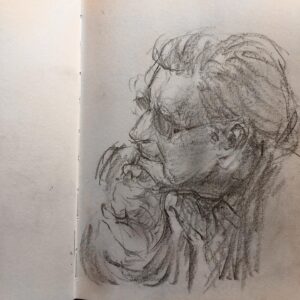 Joanna Quinn Instagram - Some various jazz drawings from the Royal Welsh College of Music and Drama @rwcmd and a very dark basement club in Prague @umalehoglena - drawing in the dark! 

The pics….
1. Lovely Pete transfixed by the students last night
2. A sublime @josephvanparys playing his guitar
3. Yet another engrossed Pete (an American one) 
4. American drummer Jesse Simpson plays the small but great @umalehoglena jazz club in Prague. Drawn in the dark! 
5. @cameron_saint_ plays his bass in disguise. I recognised him under the shades. 
6. Another Jesse Simpson drawing he was soooo good. @umalehoglena 
7. Lovely Bert who is a dancer - cheekbones to die for. ❤️
8. Mr @charlie.herbert playing his electric organ. 
9. The supremely talented composer/harpist & singer @anna_drewniok singing Polish jazz. Stunning performance.
10. @famu_prague_official Animation student and talented guitarist @janpiskac_ entertains us all on the banks of Queen Animator Michaela Pavlatova’s very own lake at her house! Czechs are so cool. 

#sketching #jazz #sketchbook #drawing #czechanimation #ilovedrawing #amserjazztime